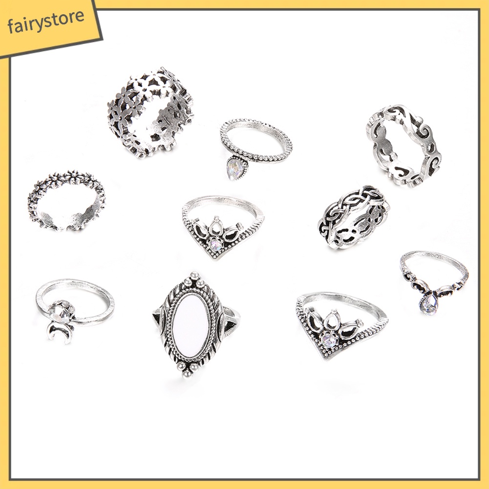 Set 10 nhẫn đeo đốt ngón tay đính đá opal nhân tạo phong cách retro