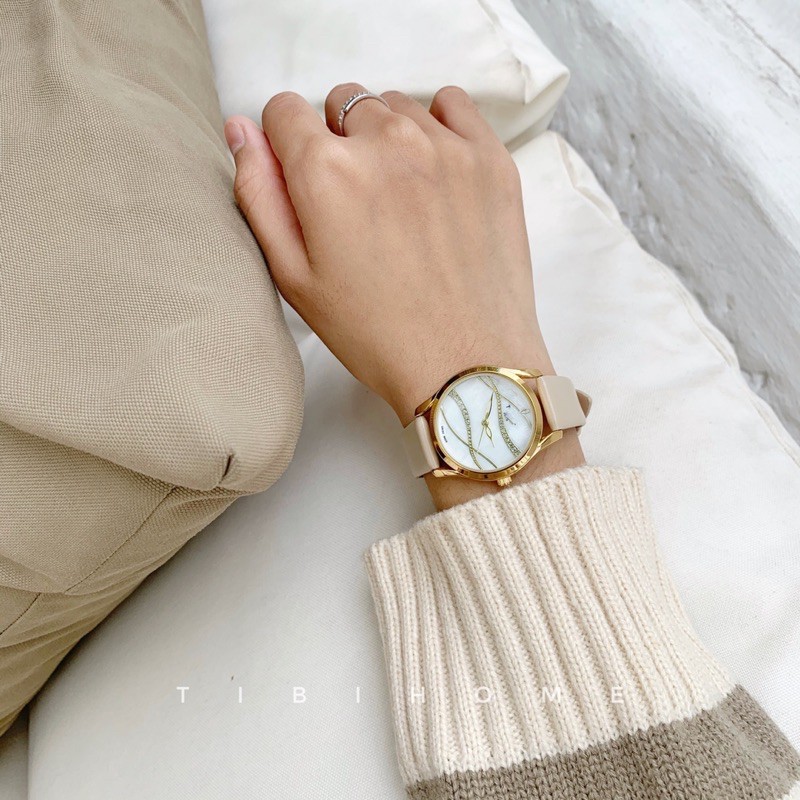 Đồng hồ dây da nữ T-Wave mặt trắng viền vàng dây màu kem