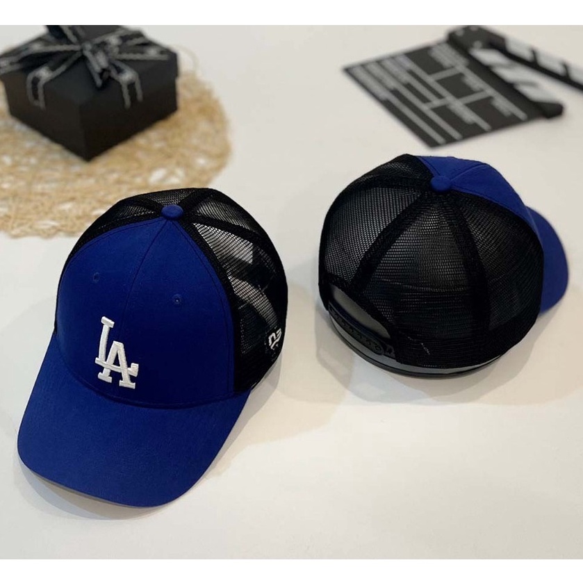 Mũ lưỡi trai lưới xanh dương MLB thêu chữ LA trắng Hàn Quốc, nón kết lưỡi trai phong cách Hàn quốc LA, hàng xuất dư.