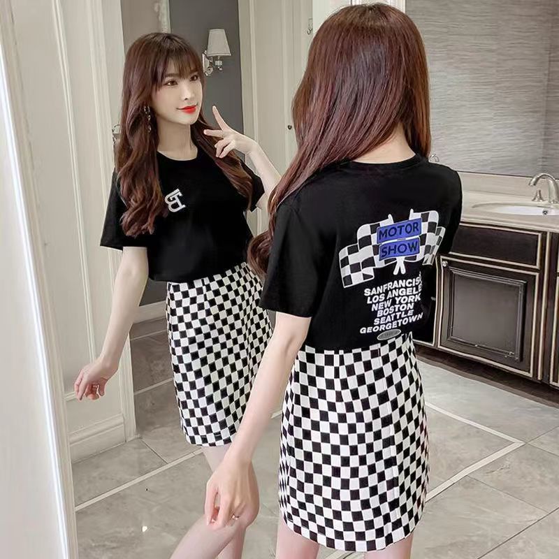Set Áo Thun Tay Ngắn + Chân Váy Chữ A Hai Mảnh Phong Cách Mới Họa Tiết Sọc Caro Trắng Đen 2022 Dành Cho Nữ