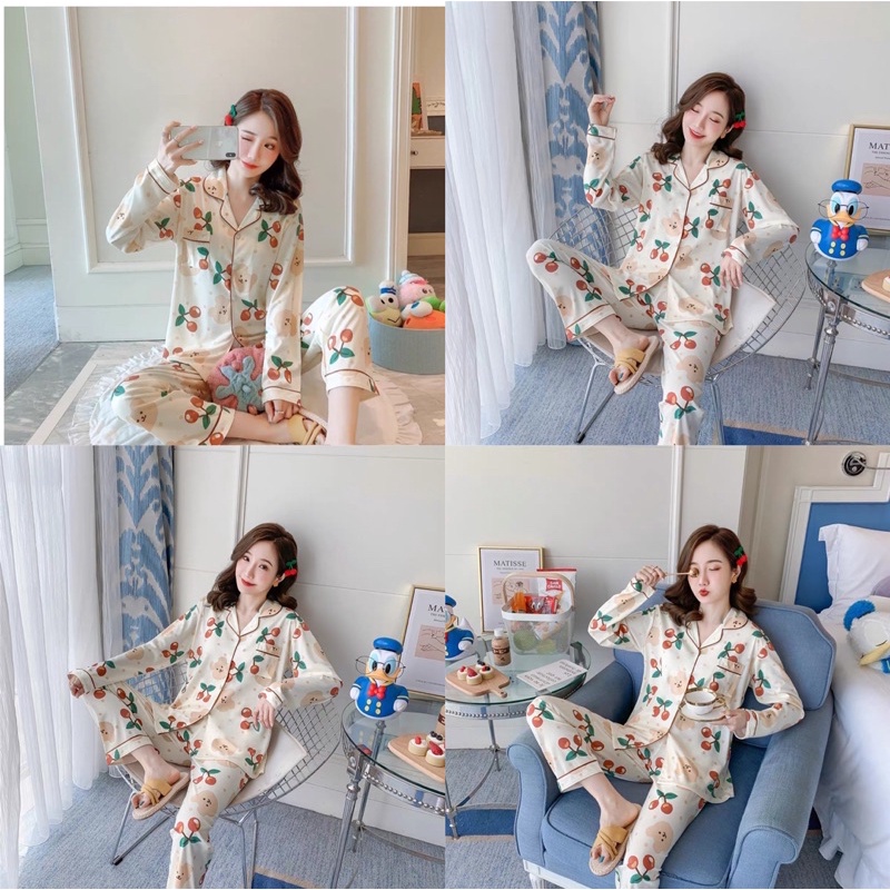 Bộ Ngủ Pijama Dài Tay Gấu Mix Cherry Nữ Form Rộng