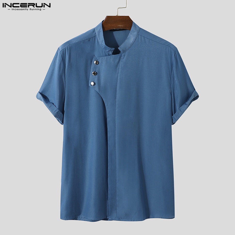 INCERUN Áo Sơ Mi Tay Ngắn Màu Trơn Phối Nút Thiết Kế Độc Đáo Thời Trang Cho Nam