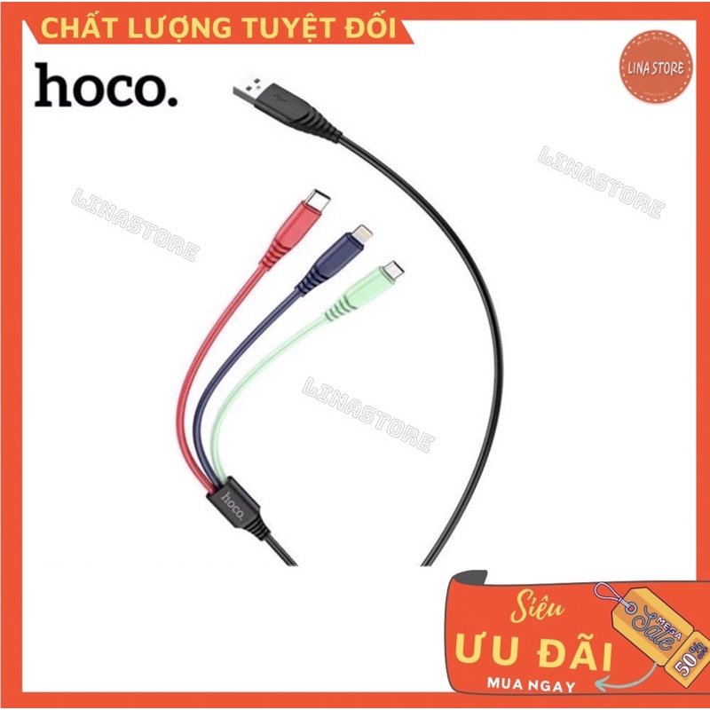 [Chính hãng HOCO] Dây cáp sạc nhanh iphone 3 đầu dài 1m2 (Lightning+Micro+TypeC) sạc nhanh 3A, dây dẻo 4 màu siêu bền