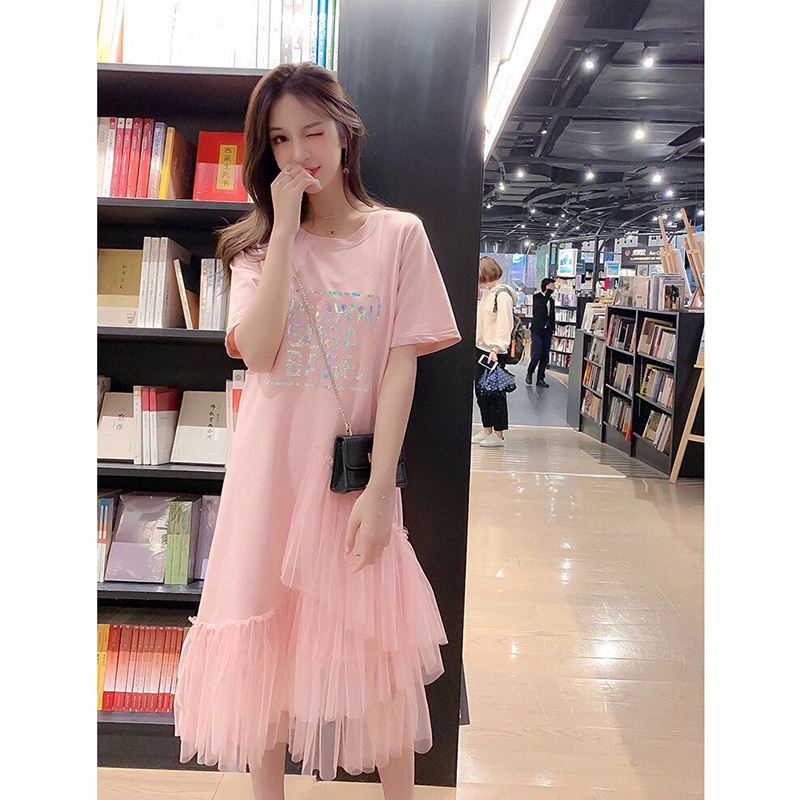 Đầm IELGY tay ngắn cổ tròn phối lưới mỏng thời trang cho nữ