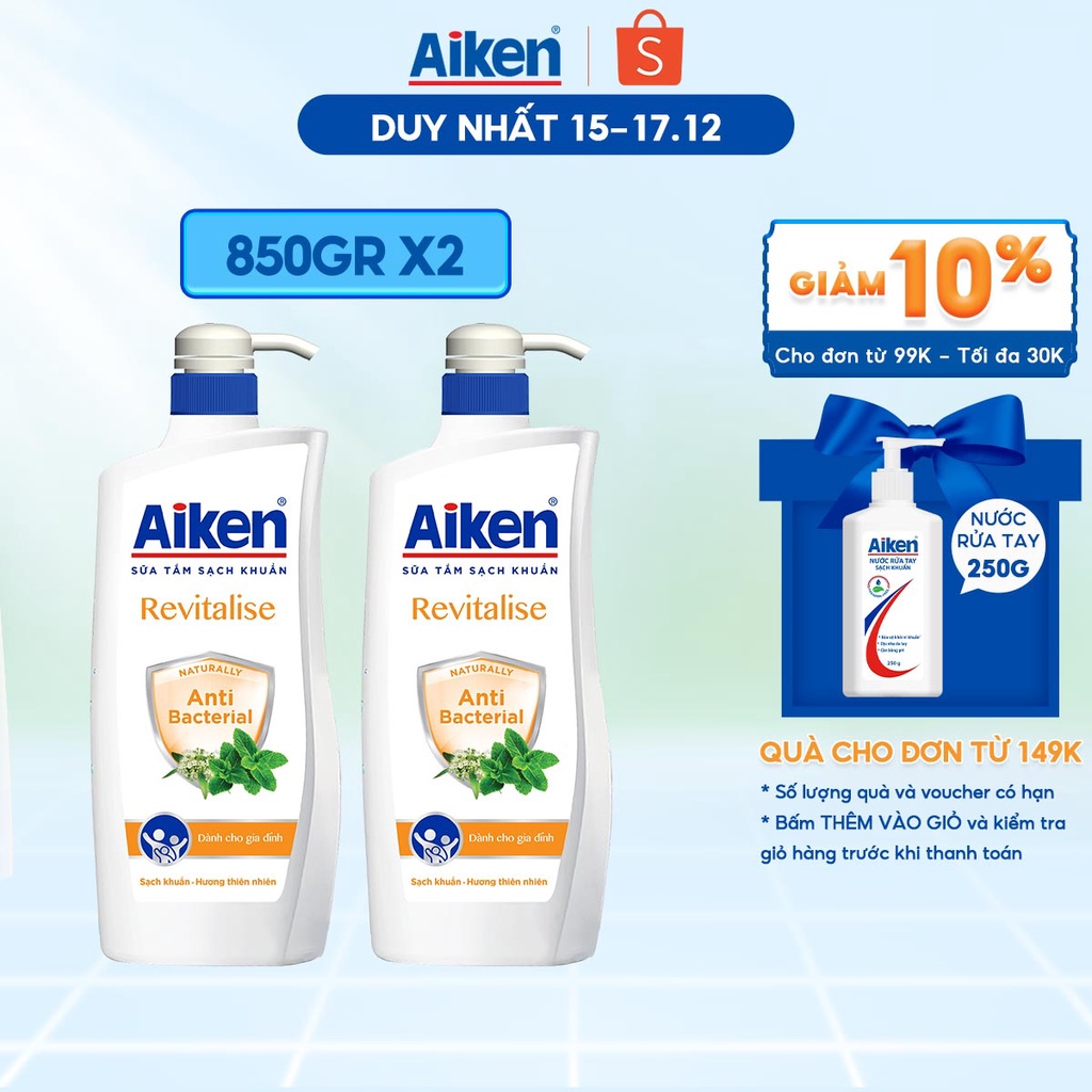 [25.04 Mã FMCGMALL -8% đơn 250K] Aiken Combo 2 Sữa tắm Sạch khuẩn Chiết Xuất Bạc Hà 850g/chai
