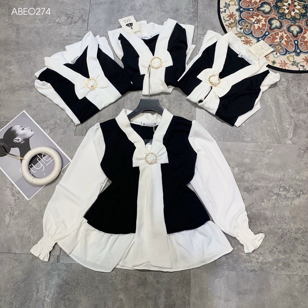 Áo baby doll tay bồng zúm nơ cổ khuy tròn - ABEO274
