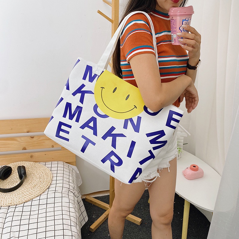 Túi Xách Canvas Cỡ Lớn In Chữ Và Mặt Cười Thiết Kế Mới Đơn Giản Thời Trang Cho Nữ