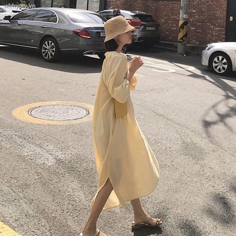 ▥Fashionable and easy-to-wear yellow plaid shirt v-neck dress for fall/winter 2021 new solid color puff sleeve [shipped within 7 days]