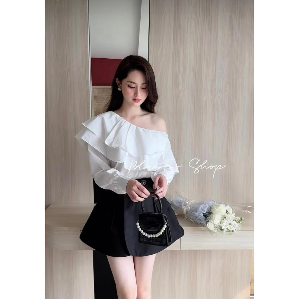 SET ÁO TRẮNG LỆCH VAI TẦNG TAY BO SƠ MI + CHÂN VÁY ĐEN ĐẮP 4 NÚT (TH)