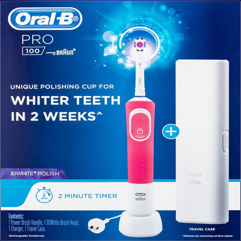 Bàn chải đánh răng điện Oral B Pro 100, công nghệ làm sạch 2D ( Dòng Cao Cấp), hàng Úc