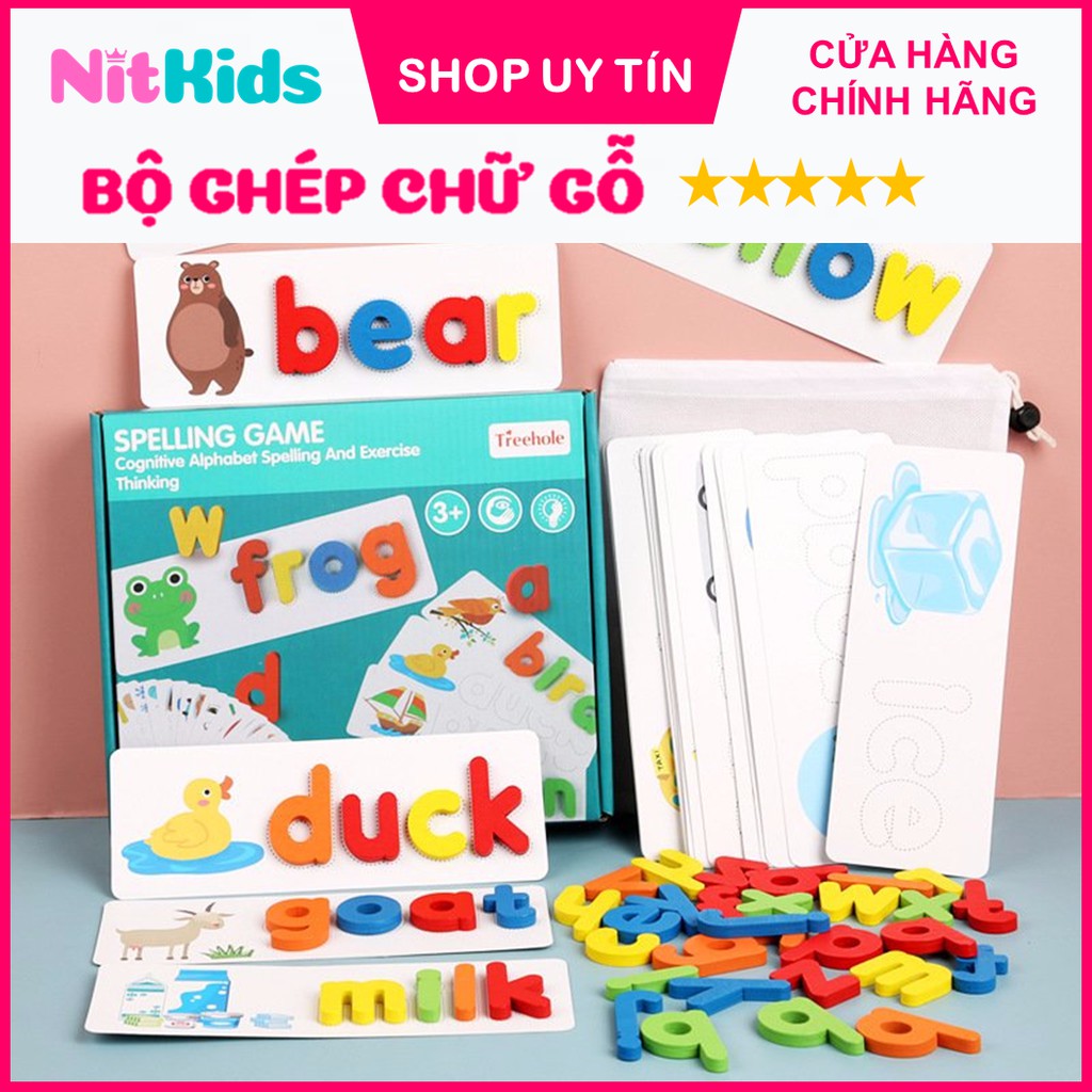 Bộ Ghép Chữ Bằng Gỗ, Bảng Chữ Cái Tiếng Anh Nitkids Có Thẻ Hình Học Từ Vựng, Đồ Chơi Thông Minh Cho Bé