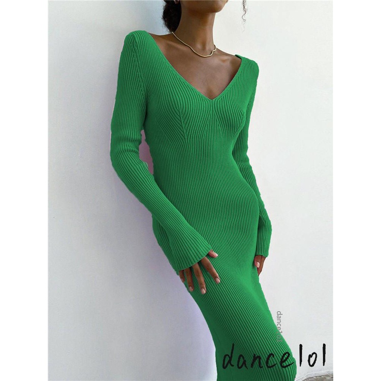 Đầm Dự TiệC Cổ Chữ V Tay DàI MàU Trơn Cho Nữ 1O1