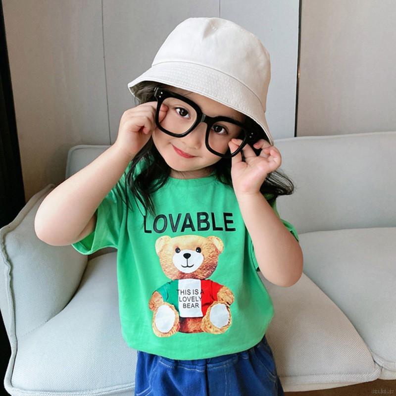 Áo thun vải cotton tay ngắn cổ tròn in hình gấu hoạt hình phong cách mùa hè dễ phối đồ cho bé gái