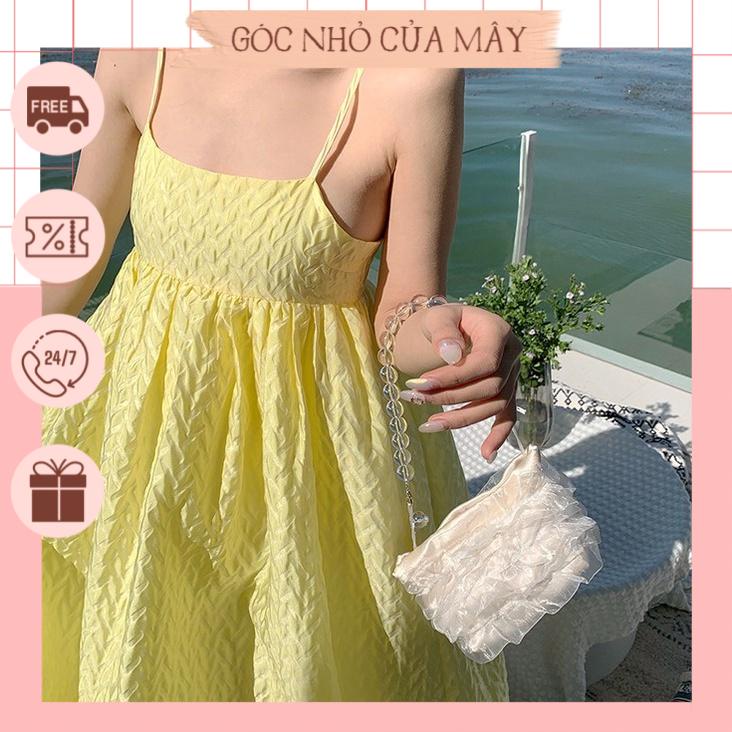 Đầm 2 Dây Đi Biển Màu Vàng Dáng Dài Xòe Chất Xốp Mát 2 Lớp Ulzzang GNCM