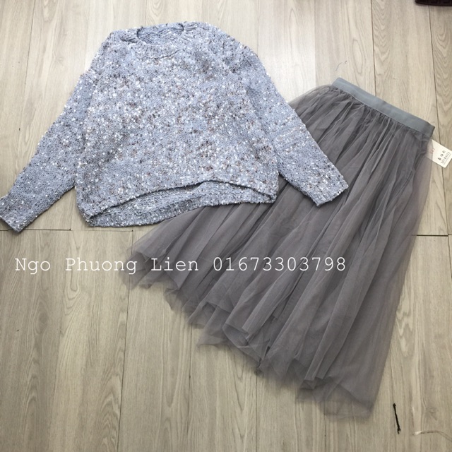 Set áo len + chân váy nhung lưới