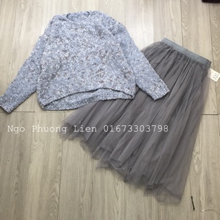 Set áo len + chân váy nhung lưới