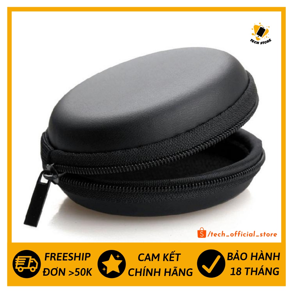 Bao da cao cấp kèm khóa zip chống sốc 8*8*3.5 đựng tai nghe củ cáp sạc techstore