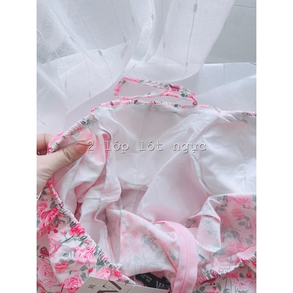 Váy hoa hồng cup ngực li rúm tay phồng
