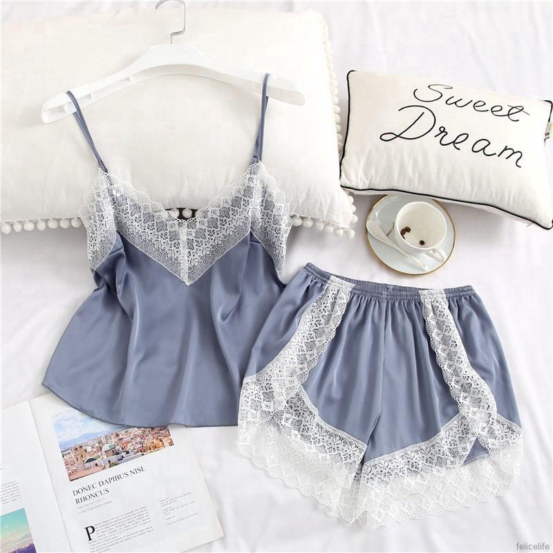 Set Đồ Ngủ Áo Hai Dây + Quần Ngắn Vải Lụa Satin Phối Ren Gợi Cảm Cho Nữ