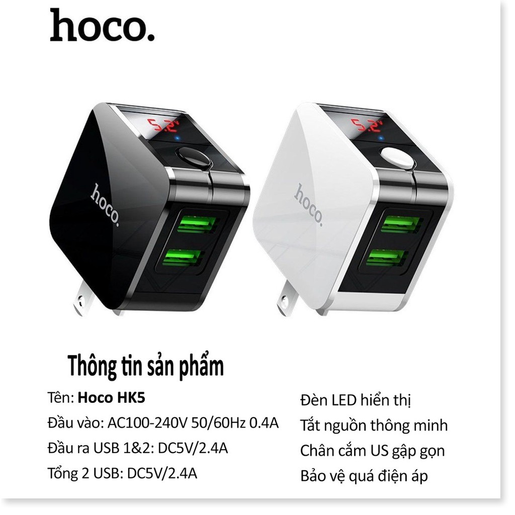 Cốc sạc nhanh Hoco HK5 trang bị 2 cổng USB, sạc nhanh 2.4A, chip tự ngắt khi pin đầy hạn chế chai pin  - SmartShop