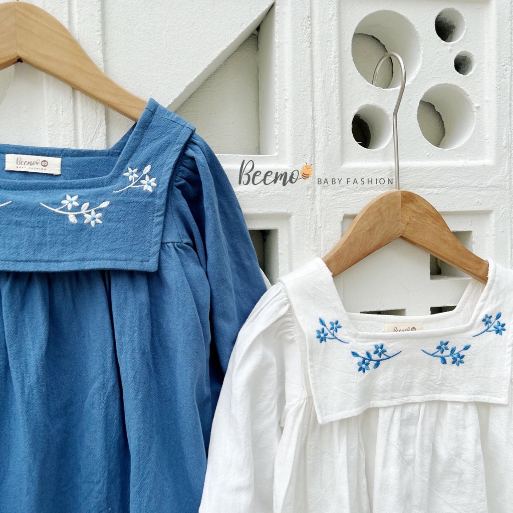 Váy đầm babydoll Beemo cho bé gái vải đũi thêu yếm ngực từ 1 đến 6 tuổi - 22182VHD