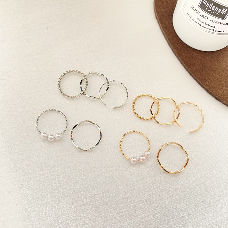 Set 5 Nhẫn Mạ Vàng Đính Ngọc Trai Nhân Tạo Phong Cách Hàn Quốc