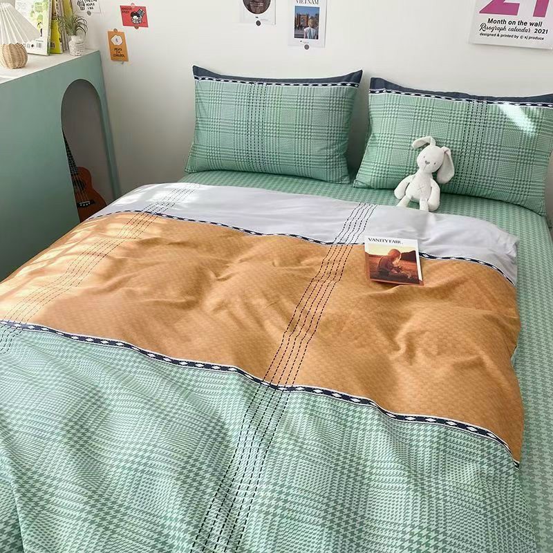 Bộ chăn ga gối cotton organic 4 món kẻ xanh - DREAMHOME