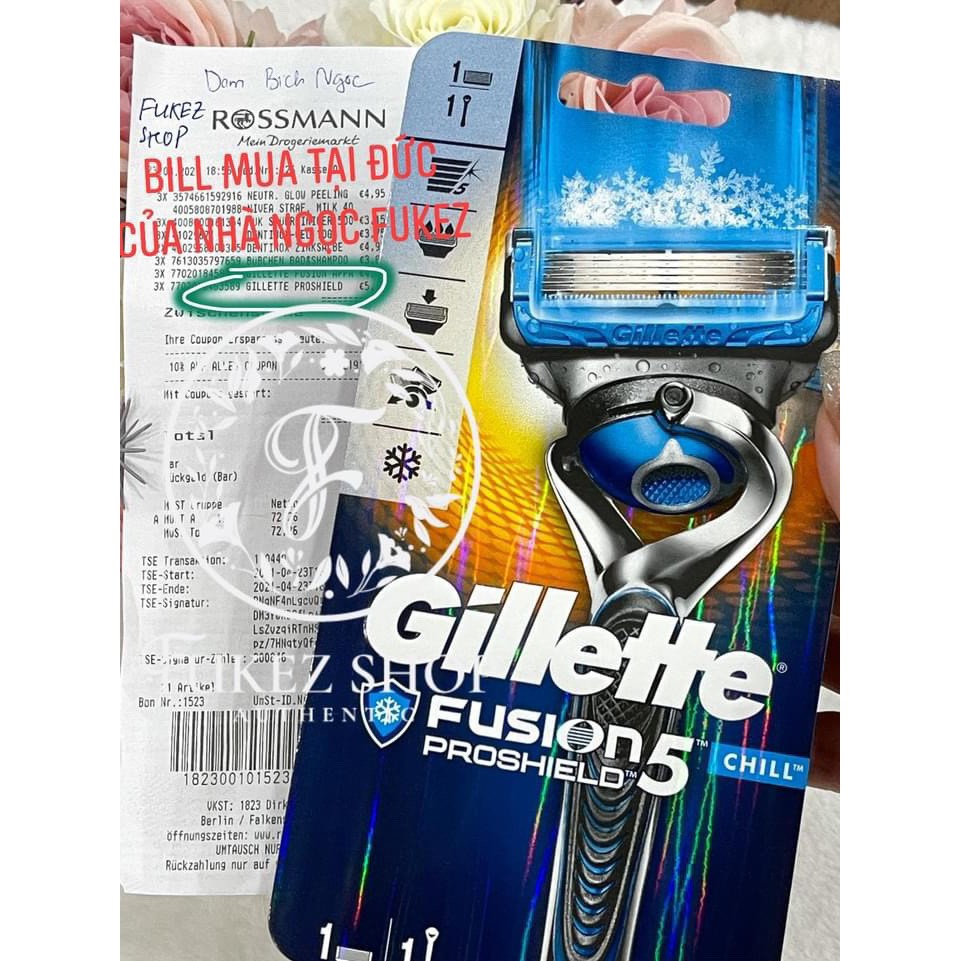Set dao cạo kèm lưỡi cao 5 lưỡi Gillette Fusion Proshield - Bill mua tại Đức