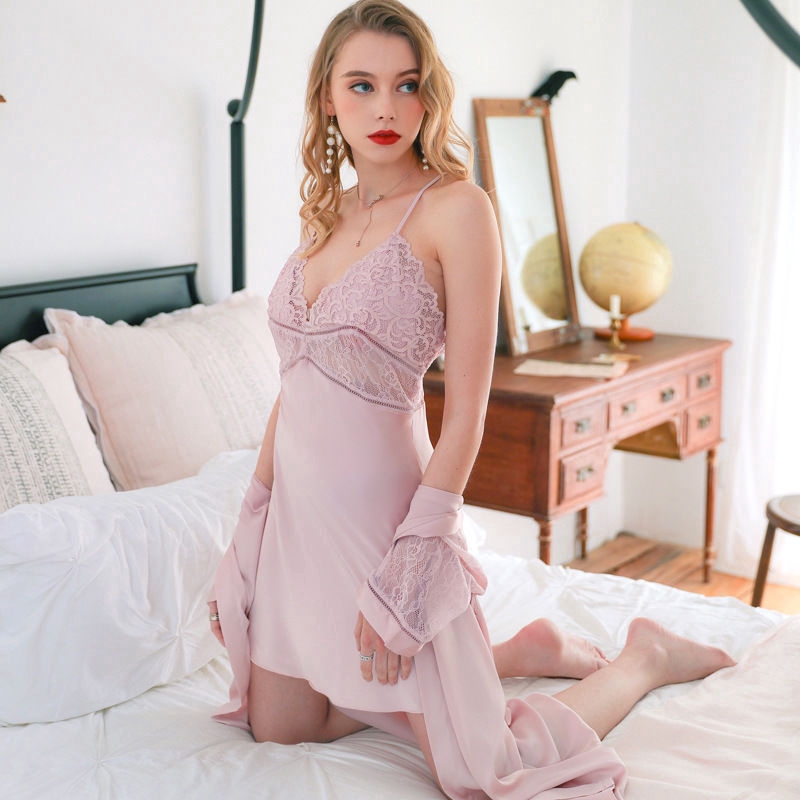 Set Đầm Ngủ Hai Dây Phối Ren Và Áo Choàng Quyến Rũ Cho Nữ
