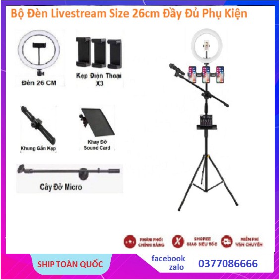 [ Mẫu Mới Nhất 2020 ] Cây Livestream 3 Chân Có Đèn Cao 2m1 Có Giá Đỡ 4 Điện Thoại - Cây Đỡ Micro - Khay Đỡ Sound Card