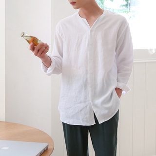 Áo sơ mi trắng cổ tàu dài tay, vải LINEN dệt cao cấp, phom dáng thoải mái thấm hút cực tốt - SEOUL