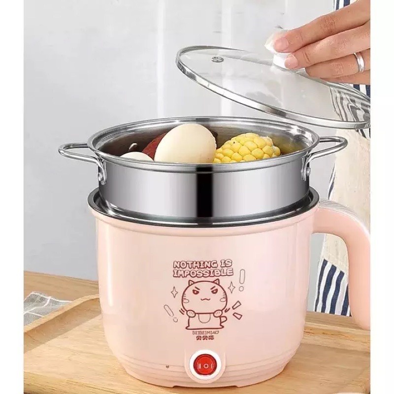 Ca Nấu Mì Đa Năng Siêu Tốc Có Lồng Hấp Inox Cao Cấp - Ca Nấu Lẩu Nấu Nước, Hâm Thức An Mini Size 18cm 1.8Lít