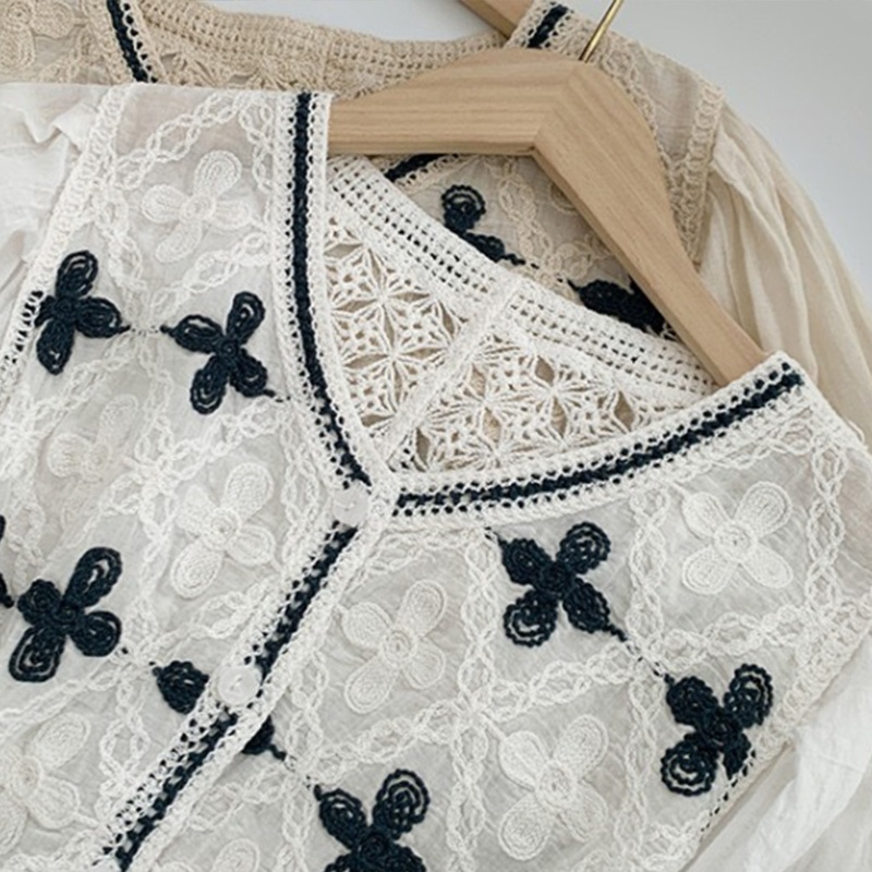 Áo Khoác Cardigan Vải Voan Tay Phồng Ngắn Cổ Chữ V Thêu Hoa Phối Ren Lưng Cài Nút Thời Trang Cho Bạn Gái