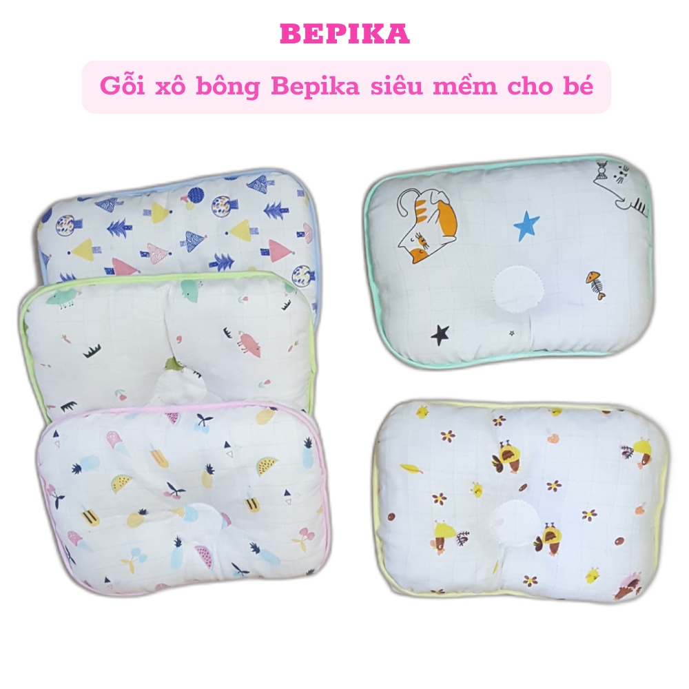 Gối xô siêu mềm chống bẹp đầu BEPIKA in hình dễ thương cho bé sơ sinh 20 x 30cm