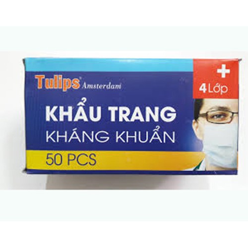 Khẩu trang y tế 4 lớp kháng khuẩn Tulips Xanh, Xám, Trắng - Hộp 50 cái