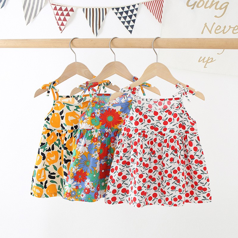 Váy, đầm bé gái 2 dây mùa hè chất cotton thô thoáng mát nhiều hoạt tiết dễ thương QATE27