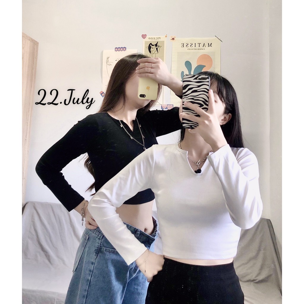 Áo croptop cổ V tay dài sexy nhẹ nhẹ, vải đẹp mịn, co giản tốtHình thật tại shop 22.July