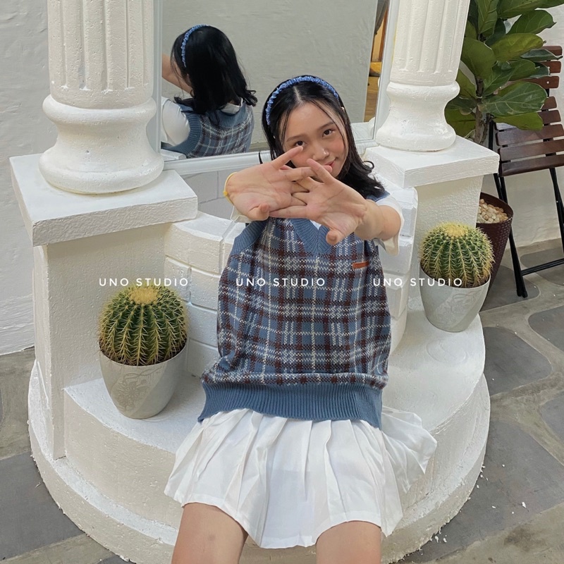 Áo gile len xanh kẻ sọc kèm hình thật