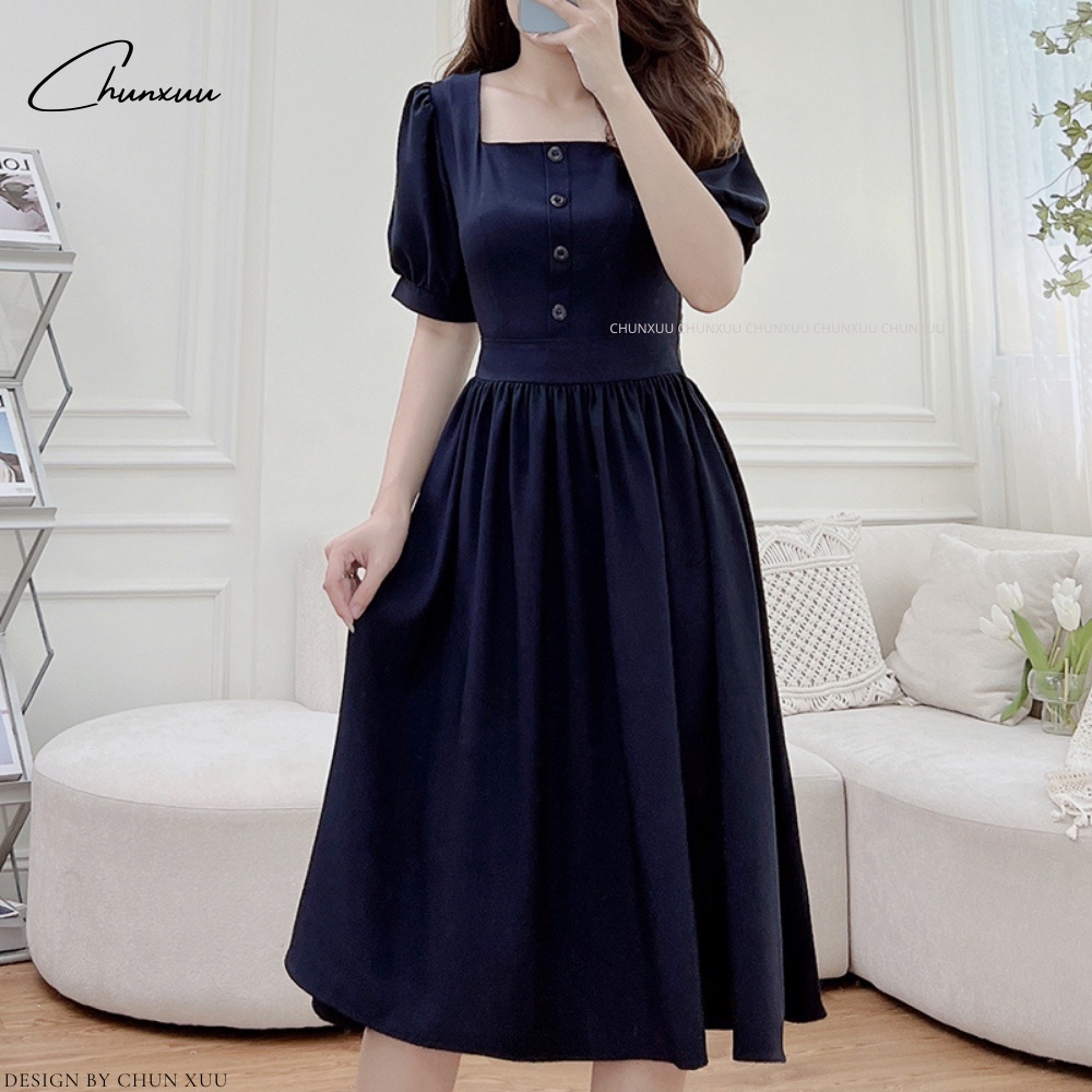 Váy nữ cổ vuông dáng xòe thiết kế thanh lịch chất vải đẹp ChunXuu V09