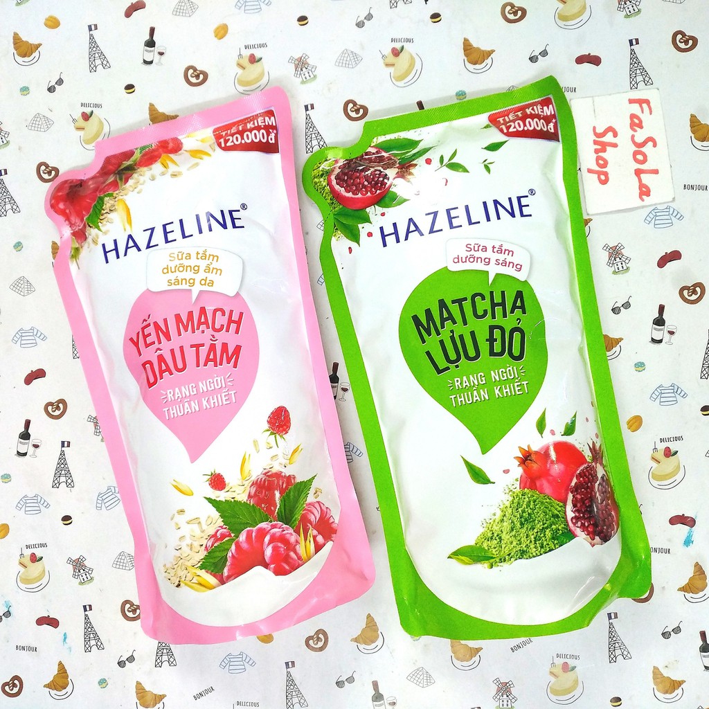 Sữa tắm dưỡng trắng da HAZELINE Việt Nam túi siêu to 900g yến mạch dâu tằm trà xanh lựu đỏ