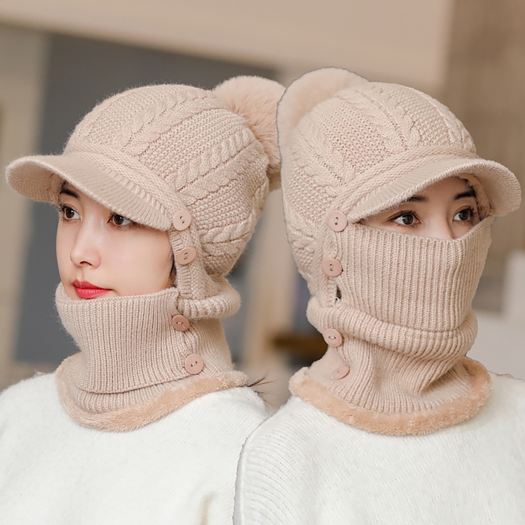 Mũ giữ ấm bằng vải len dệt kim có khăn choàng cổ tích hợp thiết kế màu trơn thích hợp cho hoạt động ngoài trời