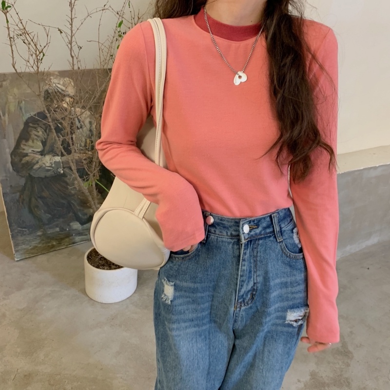 ZHELIHANGFEI Áo Thun Dài Tay Cao Cổ Màu Sắc Đơn Giản Thời Trang