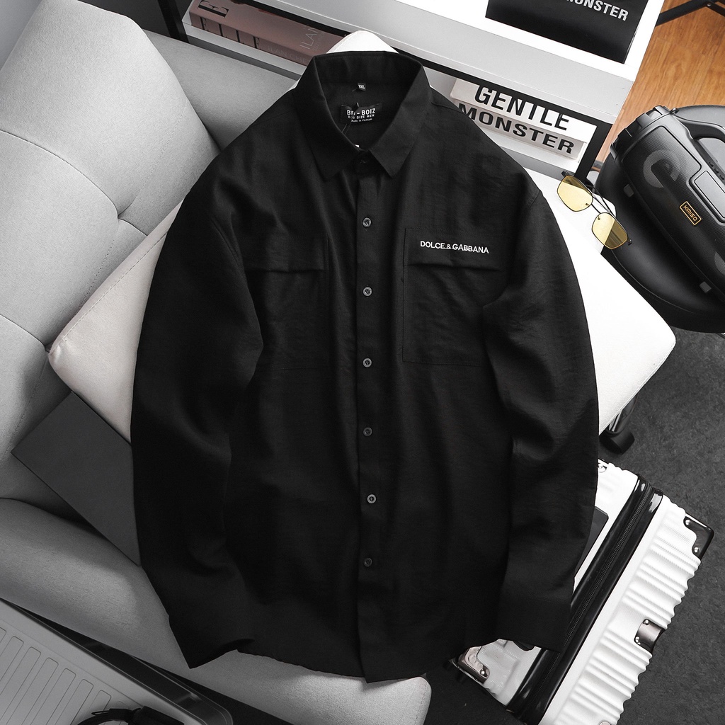 BIGSIZ - Áo sơ mi nam tay dài vải đũi túi giả thiêu chữ cách điệu form bigsize 80kg - 130kg