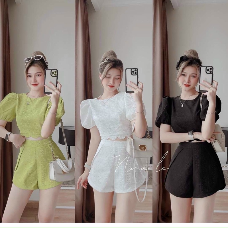 Sét bộ thời trang nữ mặc đi chơi chất xốp gân lượn sống áo crotop tay ngắn mix quần đùi short lưng thun