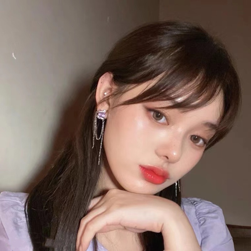 Bông Tai Mạ Bạc 925 Dáng Dài Phối Tua Rua Đính Đá zircon Màu Tím Phong Cách Hàn Quốc Cho Nữ