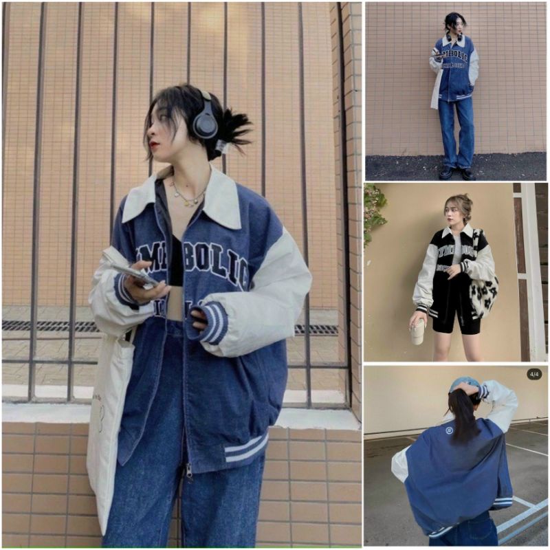 Áo Khoác Nhung Kaki  SYMBOLIC 2 Lớp Lót Dù - Kiểu Bomber Unisex Cổ Bẻ - Màu Xanh Cặp Đôi  Nam Nữ Mặc