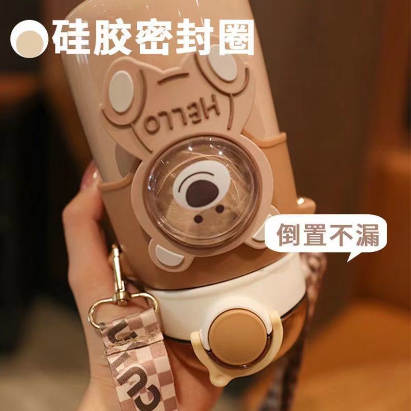 Bình Nước Giữ Nhiệt Bằng Thép Không Gỉ Chống Sốc Có Ống Hút Hình Gấu Hello Kitty Phong Cách Hàn Quốc Cho Bé