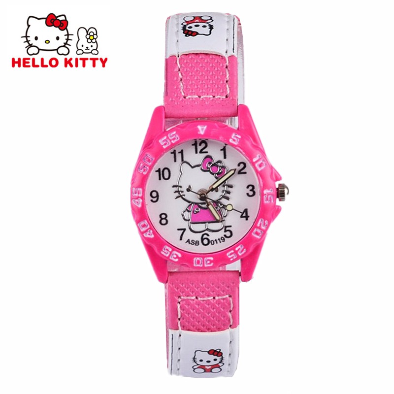 Đồng Hồ Đeo Tay Dây Da Mặt Tròn Hình hello kitty Dễ Thương Cho Bé