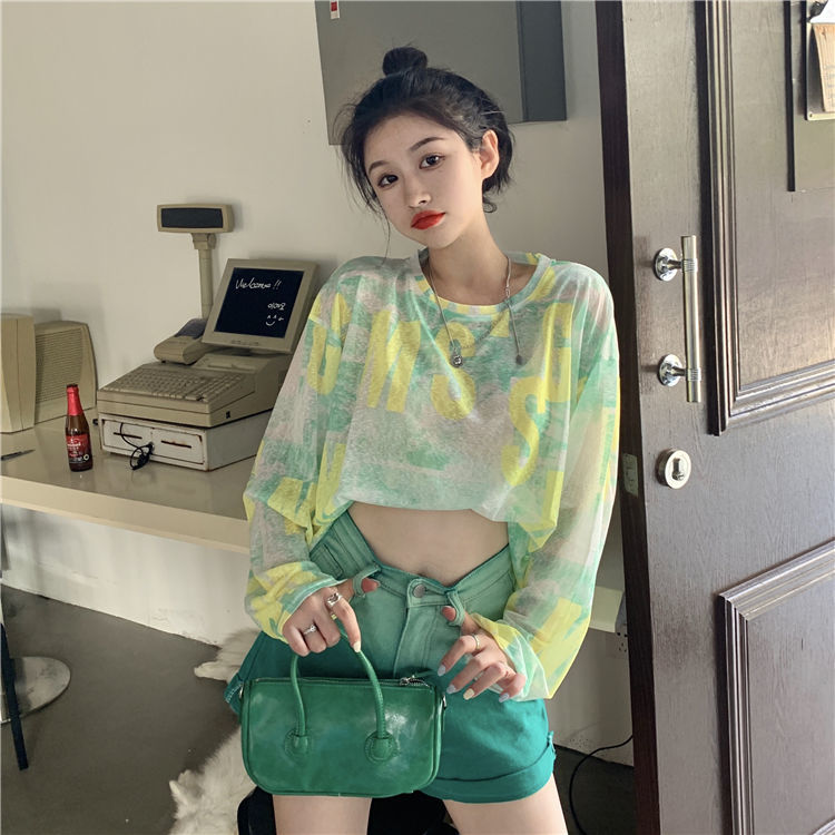 Áo thun tay dài dáng rộng chống nắng phối màu nhuộm cá tính cho nữ