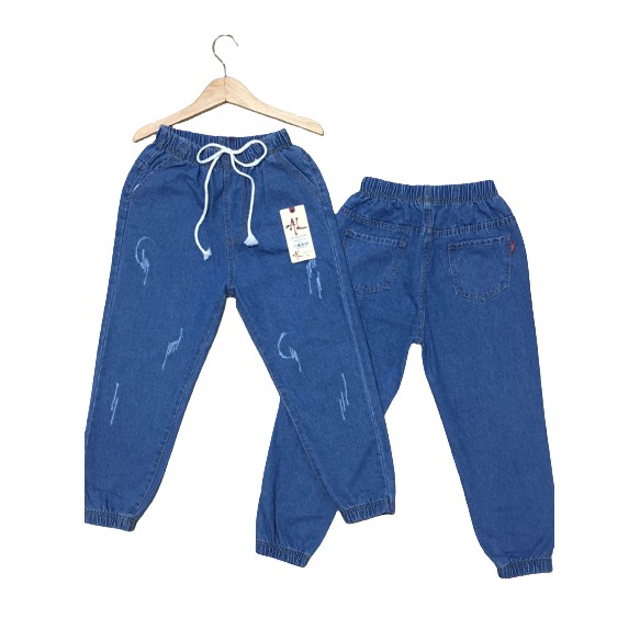 Quần baggy jean nữ lưng thun mẫu cào xước lai bo chun